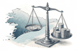 A scale balances a stack of digital coins, with the Coastal region outweighing the Central and Northern regions.