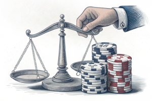 A scale balancing a stack of various types of gambling chips, with a hand tipping the balance slightly towards the center.