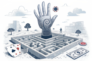 A giant hand casts a shadow over a digital landscape of disappearing online gambling platforms, while a maze of interconnected pathways leads to obscured destinations.