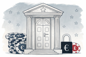 A closed door with a lock symbolizes the Supreme Court's final decision on Dutch gamblers' attempts to reclaim losses from unregulated online gambling.