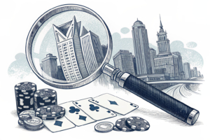 A massive magnifying glass focuses on a blurred cityscape, highlighting the hidden dangers of gambling advertising.