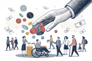 A giant hand gently guides a stream of colorful coins towards a diverse group of people engaged in various activities.