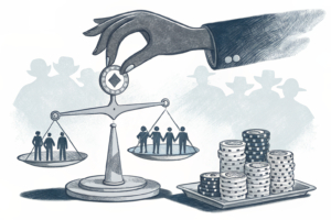 A scale with a hand tipping towards a stack of digital chips, while a shadow looms over a group of diverse figures representing stakeholders.