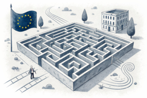 A maze of intertwined digital contracts leads to a dead end, symbolizing the regulatory challenges faced by prediction market platforms in Europe.
