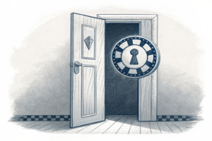 A closed door with a keyhole shaped like a gambling chip, symbolizing exclusion from access to licensed gambling providers.