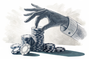 A towering hand casts a shadow over a diminishing stack of digital betting chips.