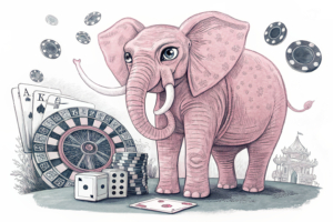 A whimsical, surreal pink elephant with exaggerated eyes stands in a vibrant, cartoonish casino setting.