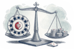 A grand casino chip balances on a scale between traditional and online gaming realms, symbolizing Cirsa's strategic expansion into Portugal.