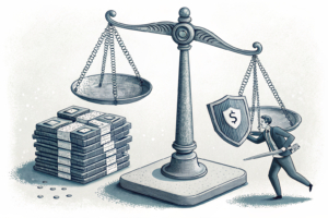 A scale tips heavily towards a stack of digital chips, while a small figure tries to balance it with a protective shield.