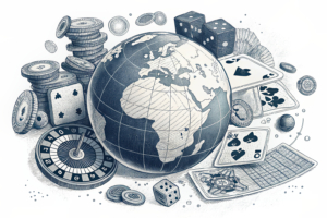 A digital globe surrounded by a diverse array of gaming elements symbolizing CIRSA's expansion into the Paraguayan gambling market.