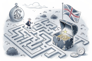 A digital maze of interconnected pathways leads to a glowing treasure chest, symbolizing the expansion of a German lottery brokerage into the UK prize draw market.