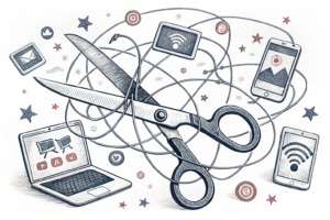 A large pair of scissors cuts through a tangled web of interconnected digital devices, symbolizing a restructuring program and job cuts in a global corporation.