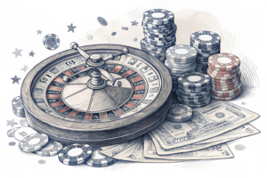 A digital roulette wheel spins with increasing speed, surrounded by a stack of fading poker chips, symbolizing financial growth despite regulatory challenges.
