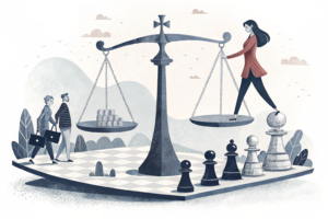 A diverse group of abstract figures engage in a strategic game of balance and growth amidst a shifting landscape of challenges and regulations.