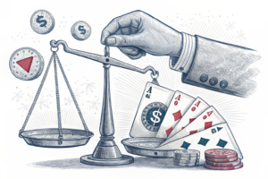 A digital hand controls a balance between traditional and online gambling revenue streams, with one side outweighing the other.