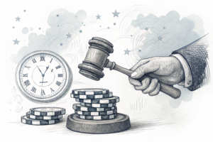 A hand holding a gavel hovers over a stack of digital chips, while a clock shows the passing of time in the background.