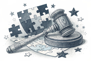A digital platform symbolized by interconnected puzzle pieces crumbles under the weight of a gavel representing regulatory enforcement.