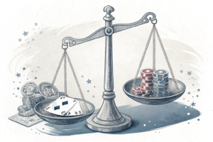 A scale balancing between financial gains and responsible gambling, with a spotlight on early intervention and AI technology.
