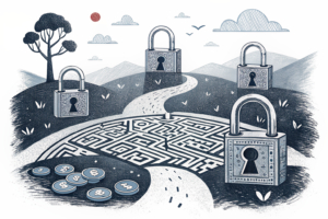 A labyrinth of intertwined digital locks hovers over a shadowed landscape, symbolizing the complexity and uncertainty surrounding the implementation of Financial Risk Assessments in the gambling sector.