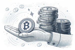 A hand holding a stack of digital coins with a diminishing pile in the background symbolizing repetitive betting participation.