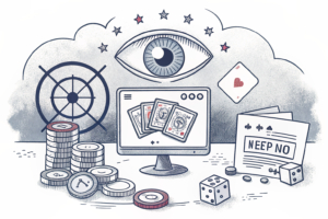 A digital fortress of fading gambling websites is encircled by a watchful eye, symbolizing the regulator's increased surveillance against unlicensed operators.