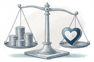 A scale balancing a stack of coins and a heart symbol, representing the decision to redirect regulatory settlement funds towards a central fund for broader use.