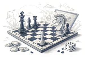 A chessboard with strategic pieces in motion symbolizes the executive team changes within a betting operator seeking expansion.