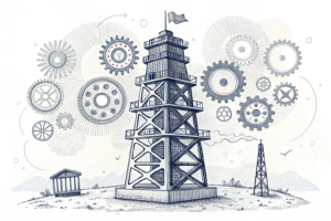 A towering structure of interconnected gears symbolizes the intricate regulatory framework for prediction platforms in Gibraltar.