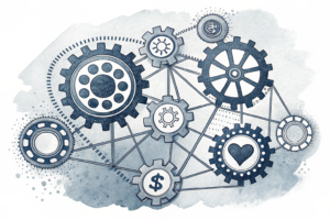 A tangled web of interconnected gears symbolizes the complexity and integration needed for addressing gambling harms as a public health issue.