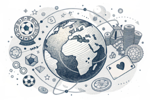 A digital globe surrounded by a variety of abstract betting symbols, representing the diverse betting patterns during the World Cup.