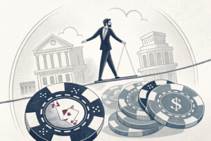 A large scale balances on a tightrope between digital chips representing gambling regulation and policy oversight.