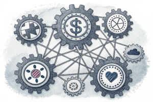 A tangled web of interconnected gears symbolizes the complex relationship between gambling harms, mental health, and early intervention support services.