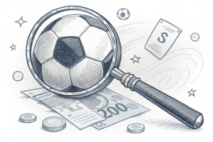 A giant magnifying glass hovers over a soccer ball, revealing hidden controversies and integrity risks beneath the surface.