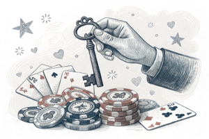 A towering hand holds a new key while old gambling chips crumble away beneath it.