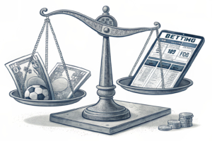 A scale balances between a traditional sportsbook and a futuristic digital platform, symbolizing the legal debate over sports-event contracts.