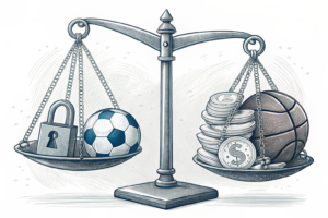 A scale balancing a stack of sports equipment and a digital lock symbolizes the introduction of loss limits for young gamblers in the sports betting sector.