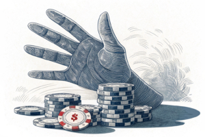 A giant digital hand casts a shadow over a stack of fading digital chips, symbolizing the €91.6bn illegal online gambling market in 2025.