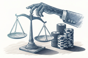 A scale balances between industry contributions and gambling-related debt support, while a shadowy hand reaches out to impose financial risk assessments on a stack of fading betting chips.