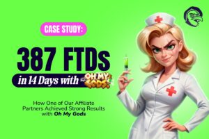 A promotional case study graphic set against a bright lime green background. On the right side, a cartoon illustration features a blonde nurse. In the top-right corner, a dark purple circular emblem depicts a spiral-eyed bird. On the left side, a bright pink pill-shaped badge displays ‘CASE STUDY:’ above large, bold black text reading ‘387 FTDs’. Beneath this, a dark purple rounded banner contains the phrase ‘in 14 Days with’ alongside the stylised ‘Oh My Gods!’ game logo. Towards the bottom left, dark text reads: ‘How One of Our Affiliate Partners Achieved Strong Results with Oh My Gods’.