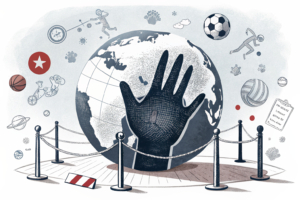 A giant hand casts a shadow over a digital globe surrounded by various sports symbols, while a barrier prevents access from a specific region.
