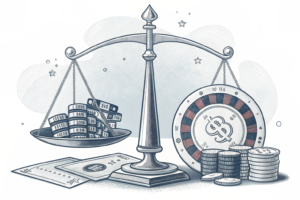 A scale tips between a digital casino chip and a fading offshore alternative, symbolizing the challenge of attracting customers to the regulated market.