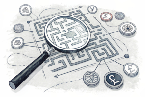 A magnifying glass hovers over a maze of interconnected digital transactions, revealing hidden paths and discrepancies.