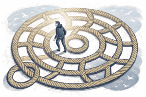 A maze of intertwined golden ropes surrounds a solitary figure trapped in a cycle of temptation and addiction.