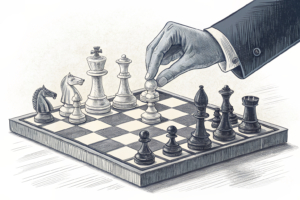 A chessboard with pieces representing different roles is being strategically rearranged by a hand, symbolizing a shift in leadership within a corporate structure.