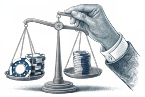 A pair of hands holds a scale balancing between a stack of coins and a gambling chip, symbolizing the government's new two-part levy on gambling affiliates to address a budget deficit.