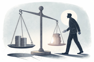 A scale weighs a shadowy figure holding a stack of coins, while a bright light shines on another figure with empty pockets.