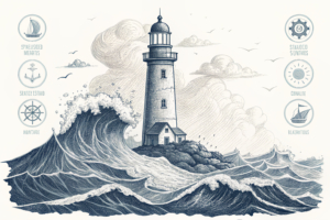 A lighthouse stands tall amidst a turbulent sea, guiding ships through uncertain waters towards a safer harbor.