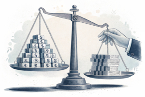 A large scale of balance, with a towering stack of abstract shapes representing debt, overshadowed by a looming hand symbolizing financial control.