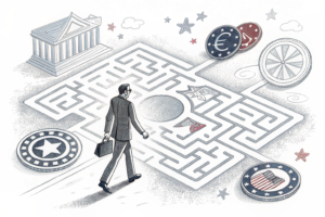 A figure in a maze navigates through a complex network of digital pathways, symbolizing the intricate process of reviewing and adjusting gambling legislation.