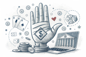 A giant hand restricts a flow of digital transactions, symbolizing the crackdown on illegal online gambling operations.